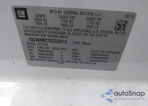 2016 Chevrolet Silverado 1500 2Lt из США, поврежденный, VIN 1GCVKREC7GZ328013